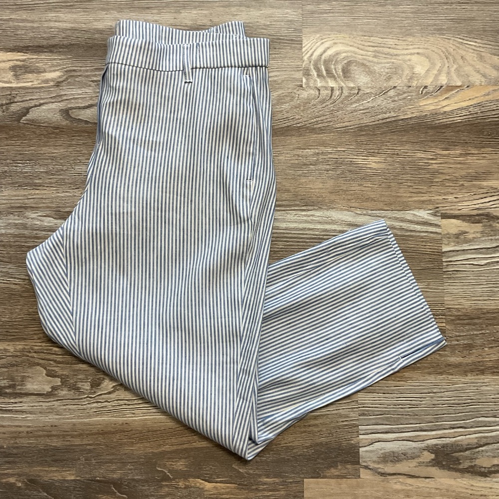 J Jill Blue White Striped Pull On Wide Leg Linen Ankle Length Pants Large Petite